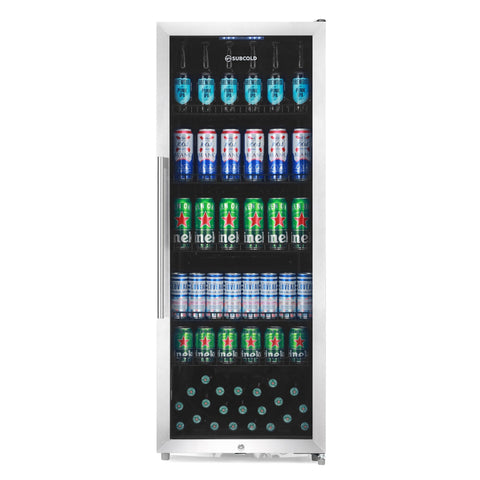 Silver-framed maxi250led tall drinks fridge with glass door stocked with assorted beer in stainless steel subcold maxi250 tall drinks fridge