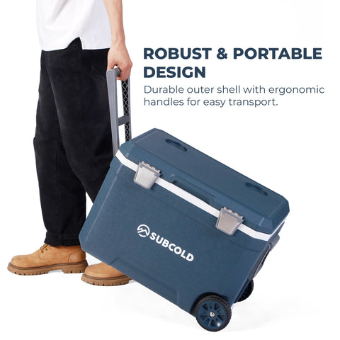 Blue subcold mobi45 cool box with silver latches and wheels for easy mobility and durable cooler storage