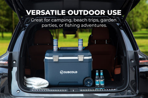 Blue subcold mobi45 cool box with silver latches and wheels designed for versatile outdoor use cooler