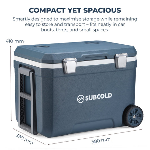 Blue subcold mobi45 cool box with silver latches and black wheel for easy transport and storage