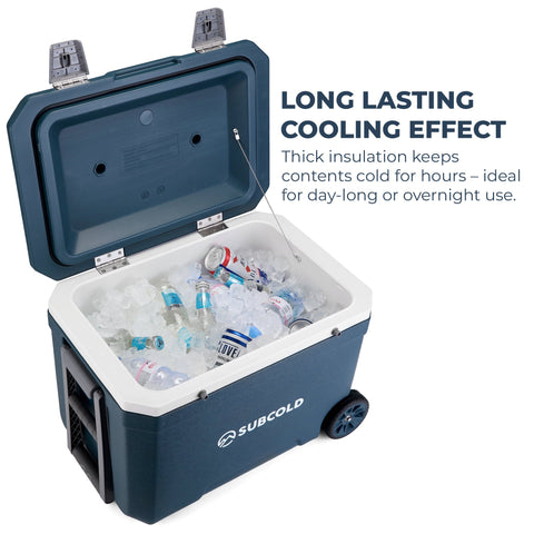 Blue and white subcold mobi45 cool box with wheels and thick insulation for long-lasting cooling