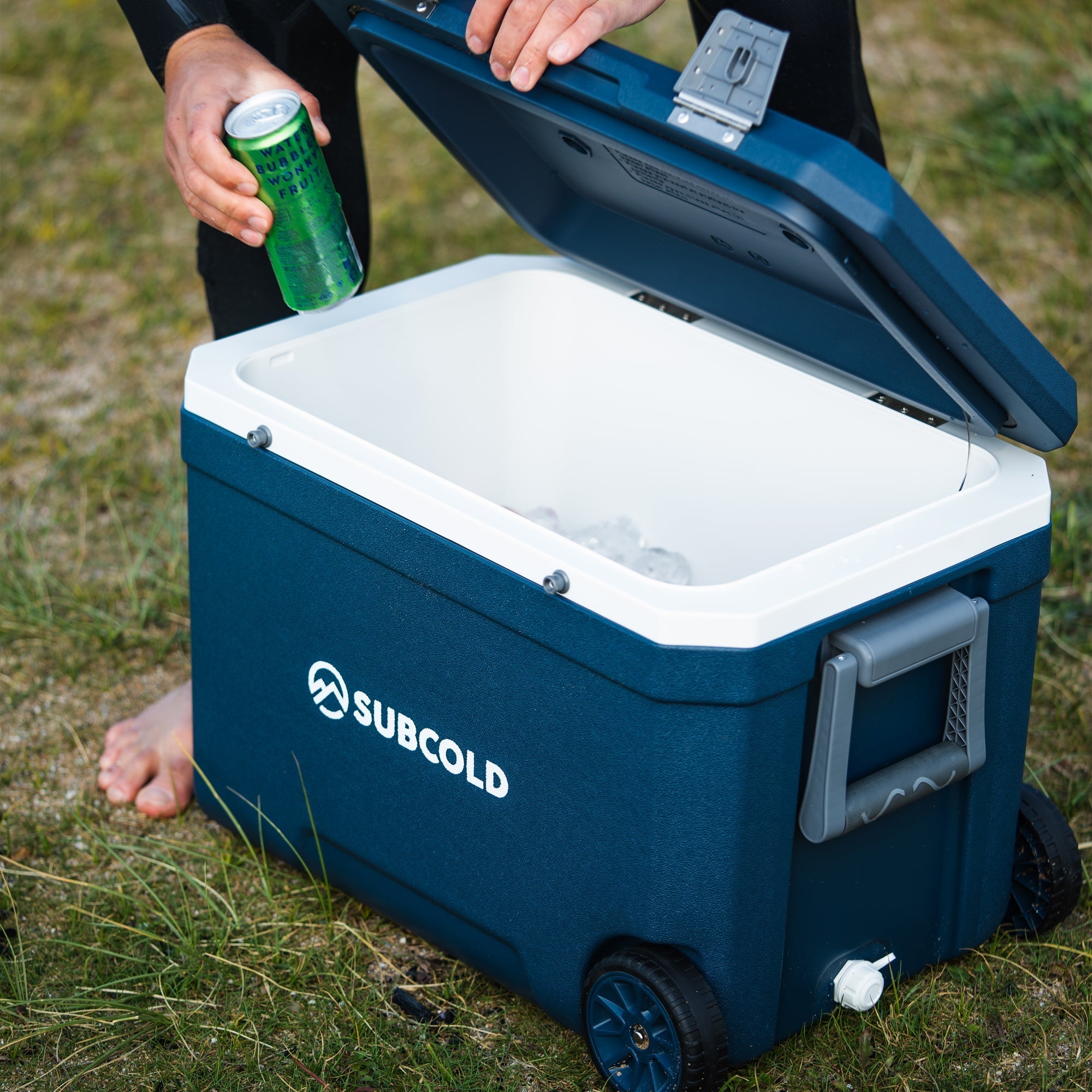 Blue and white subcold mobi45 cool box with wheels sturdy plastic body and gray handle for easy transport