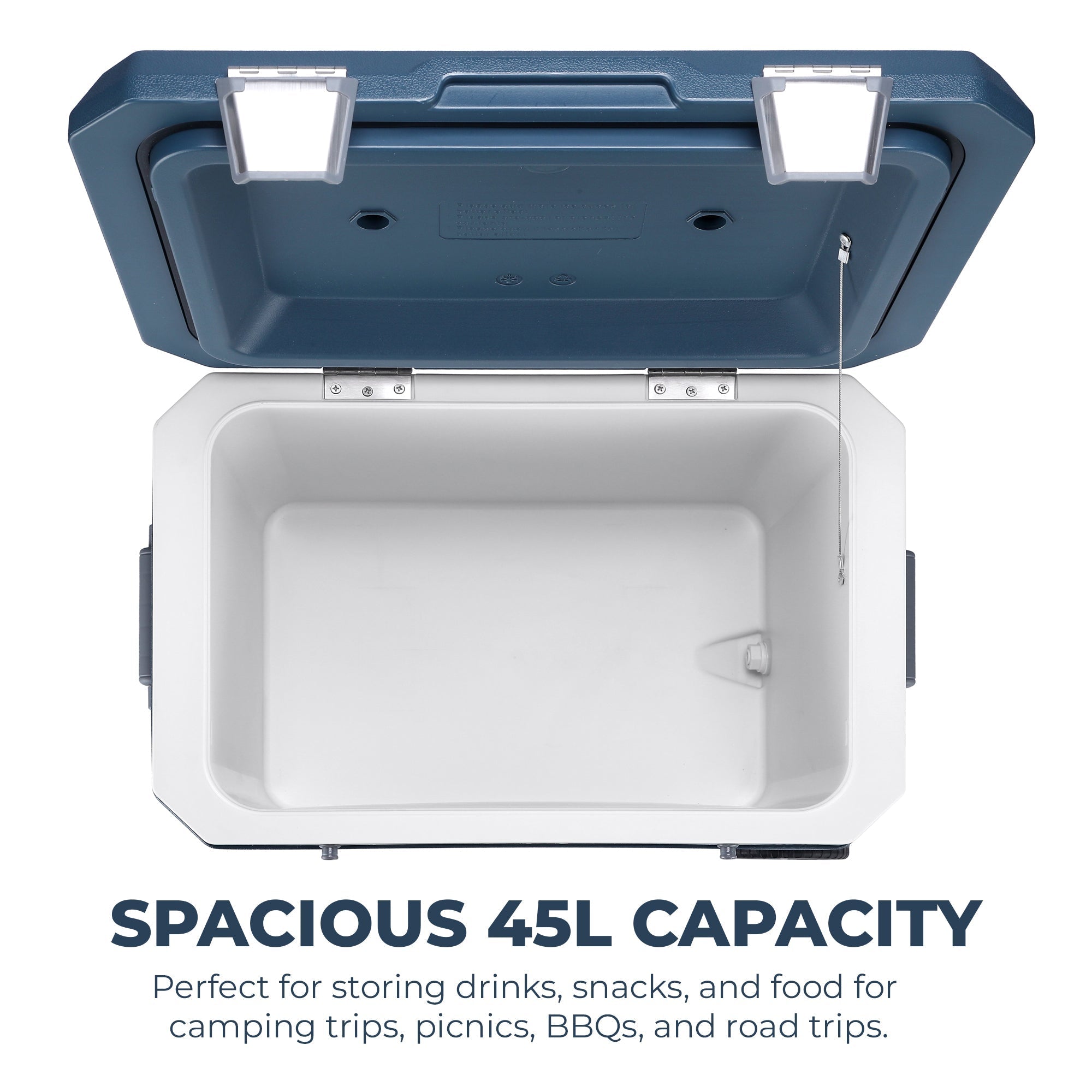 Blue and white hard-sided mobi45 cool box with 45l capacity and sturdy latches perfect for outdoor adventures