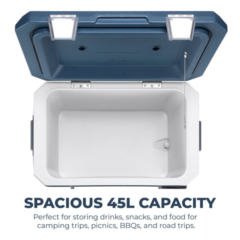 Blue and white hard-sided mobi45 cool box with 45l capacity and sturdy latches perfect for outdoor adventures