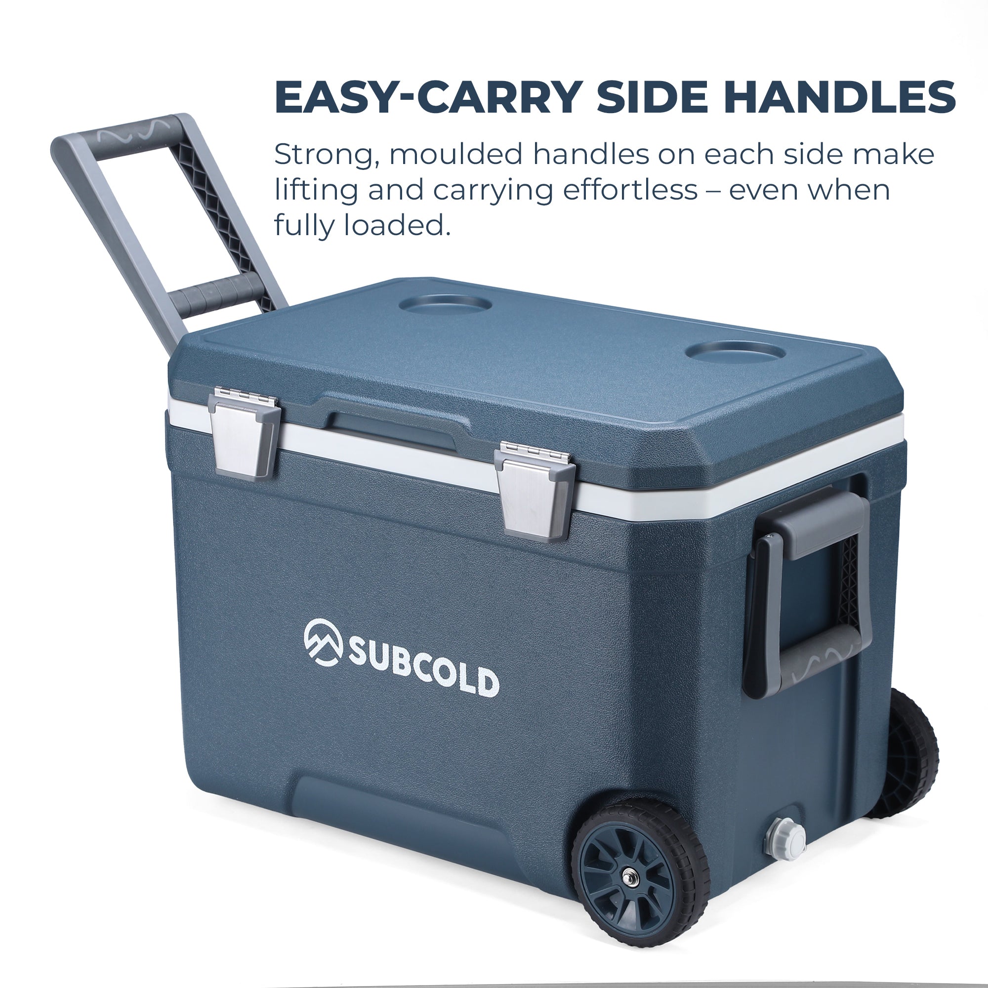 Dark blue subcold mobi45 cool box with molded side handles and black wheels for easy transport