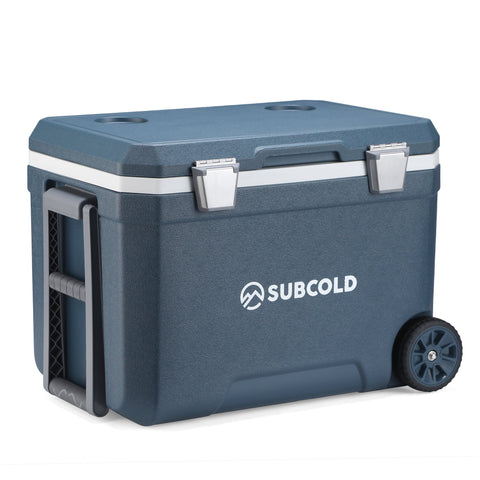 Dark blue subcold mobi45 cool box with silver latches, side handle, and single wheel for easy transport