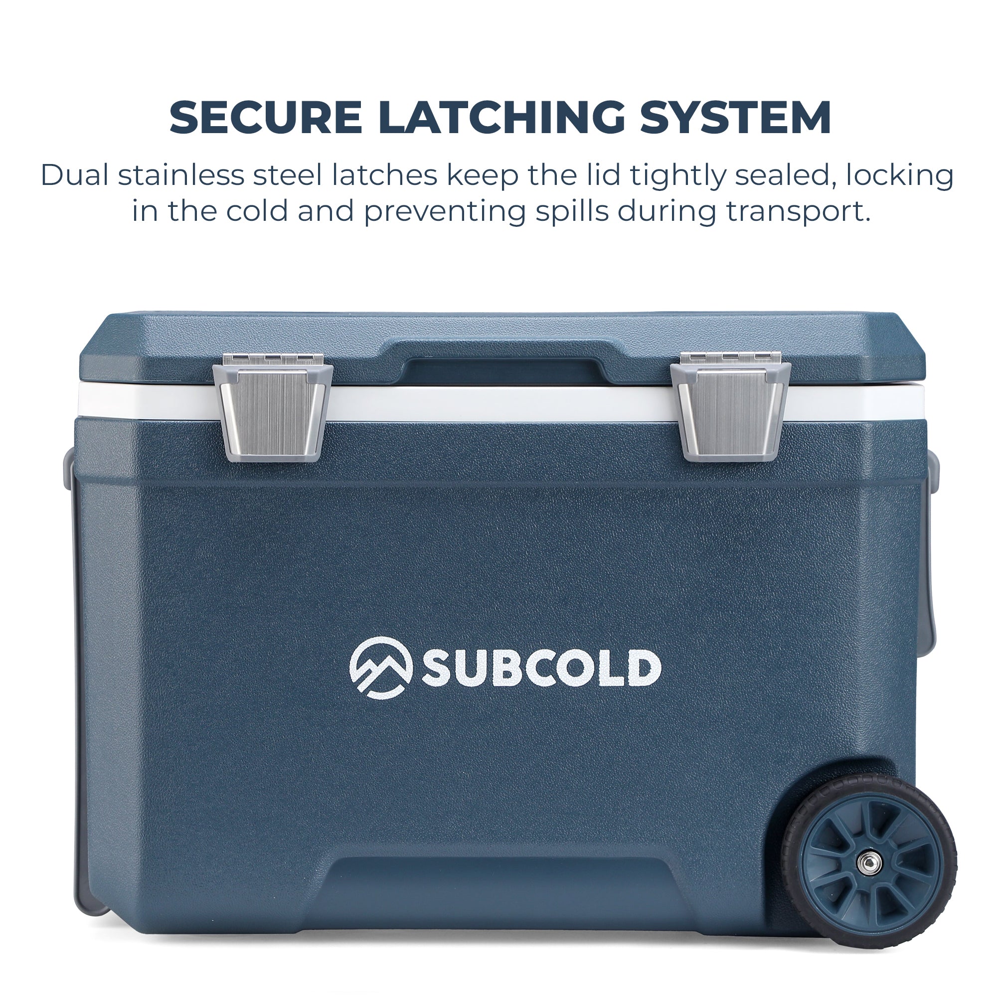 Dark blue subcold mobi45 cool box with silver latches and black wheel for easy transport and cooling