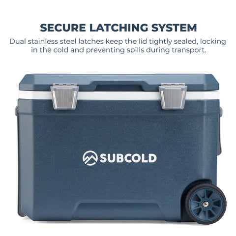 Dark blue subcold mobi45 cool box with silver latches and black wheel for easy transport and cooling