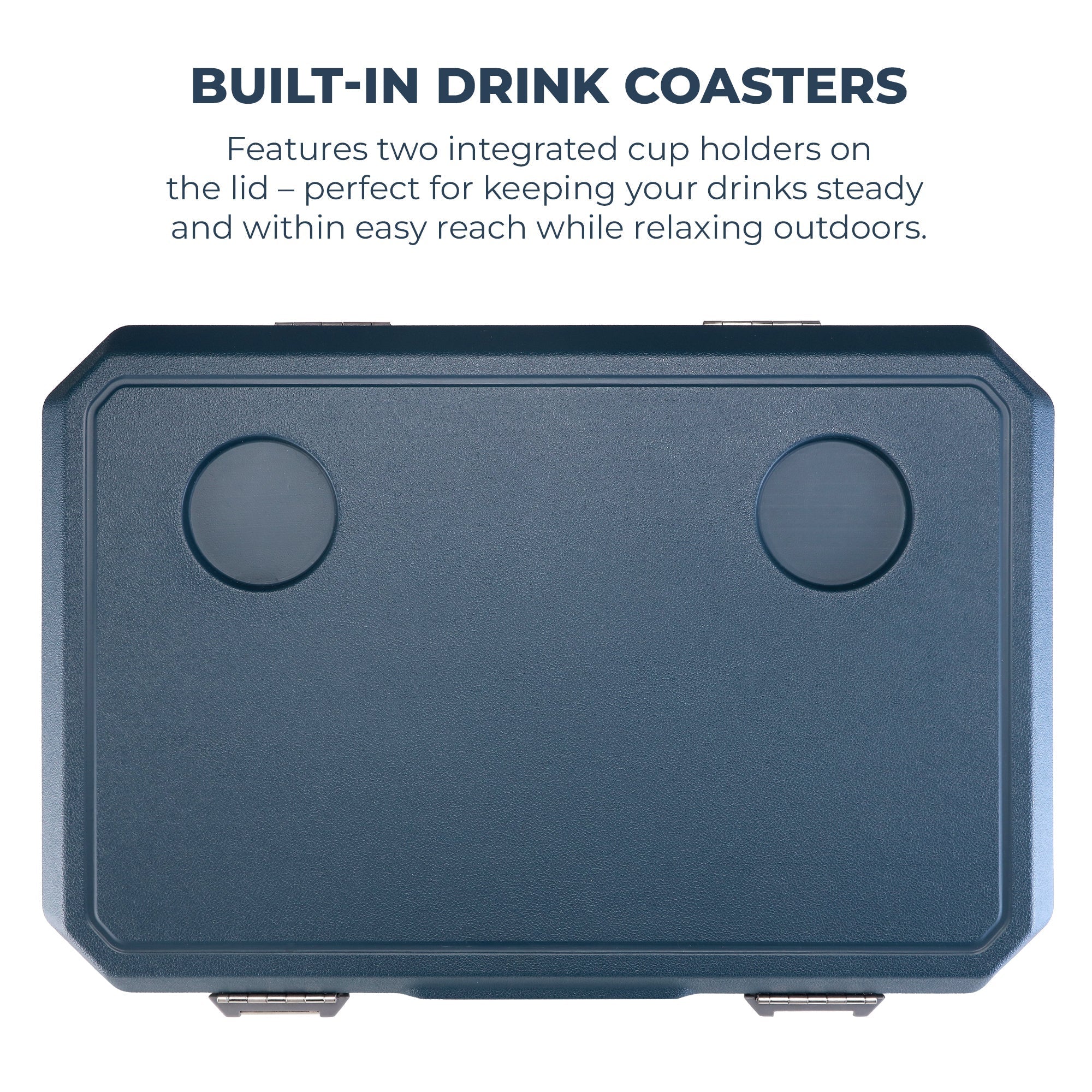 Dark blue rectangular subcold mobi45 cool box with built-in cup holders on the lid for easy storage and use