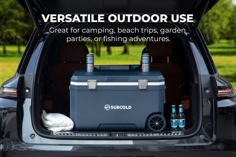 Blue subcold mobi70 cool box with silver latches and wheels for easy transport and durable cooling storage