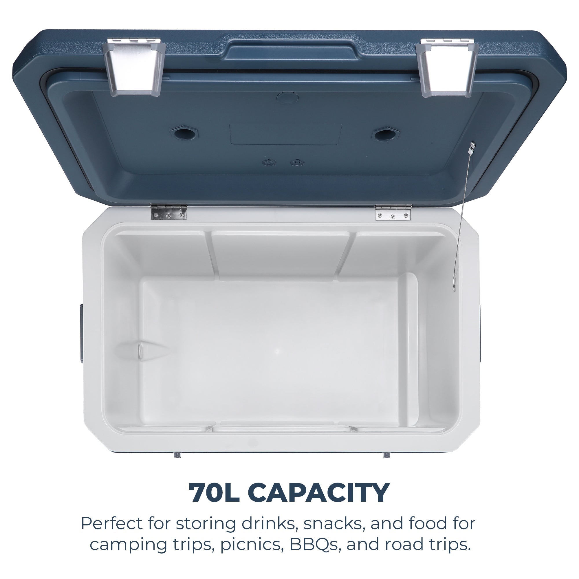 Blue and white hard-sided Subcold mobi70 cool box with 70l capacity perfect for camping trips and picnics