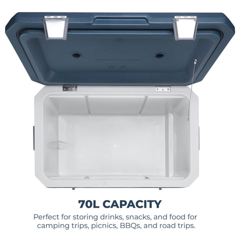 Blue and white hard-sided Subcold mobi70 cool box with 70l capacity perfect for camping trips and picnics