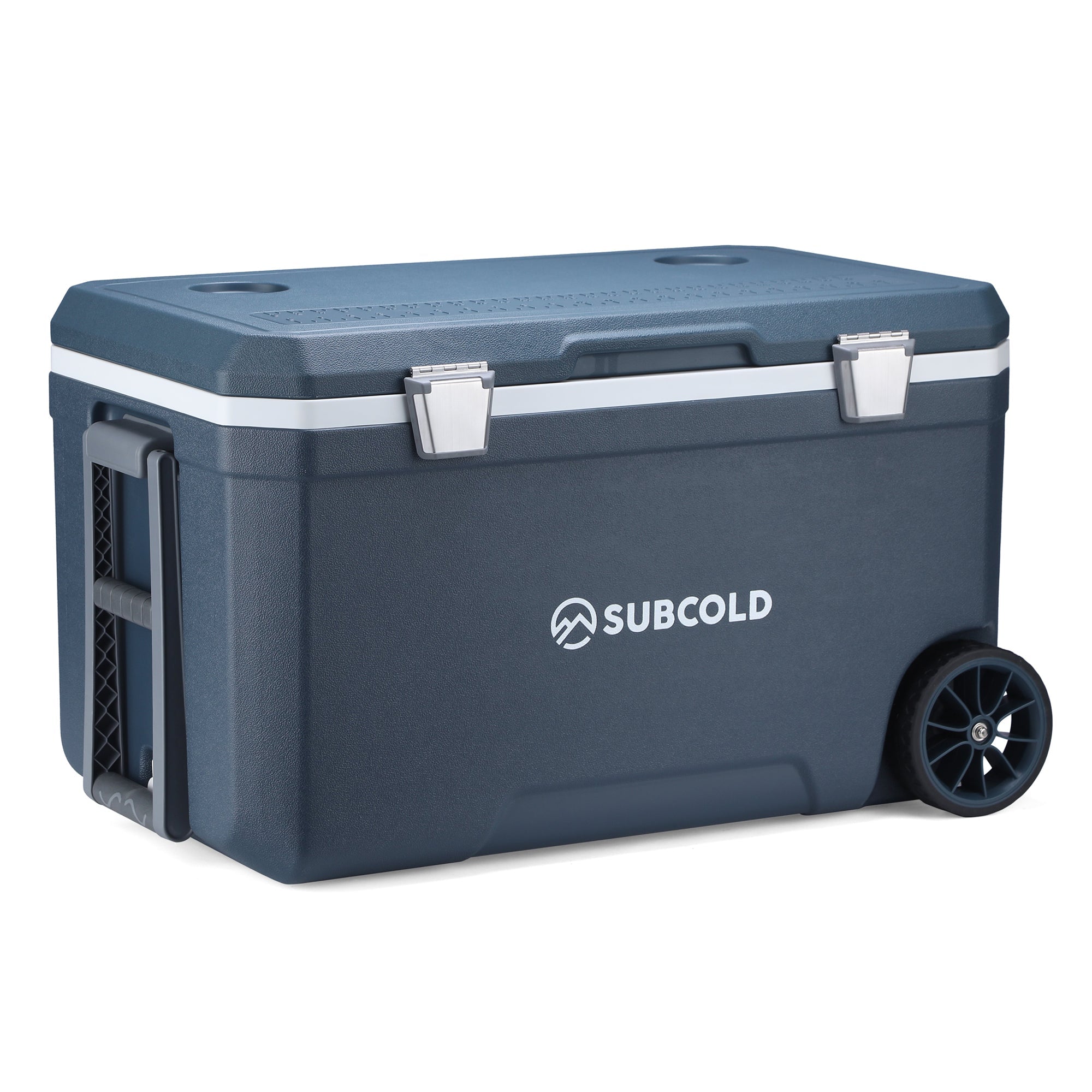 Dark blue subcold mobi70 cool box with silver latches and a black wheel for easy transport and storage