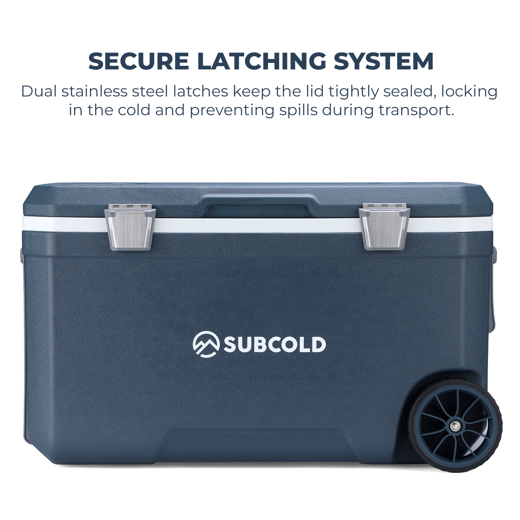 Dark blue subcold mobi70 cool box with silver stainless steel latches and black wheels for easy transport
