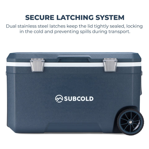 Dark blue subcold mobi70 cool box with silver stainless steel latches and black wheels for easy transport