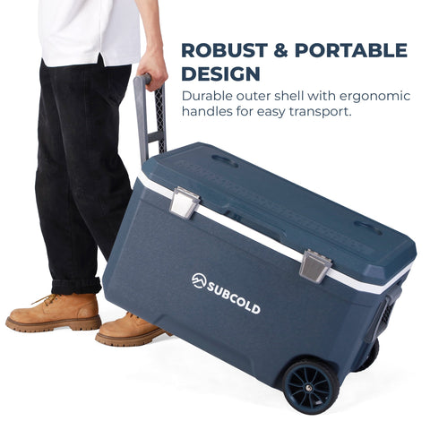 Dark blue subcold mobi70 cool box with silver latches and black wheels for easy mobility and storage