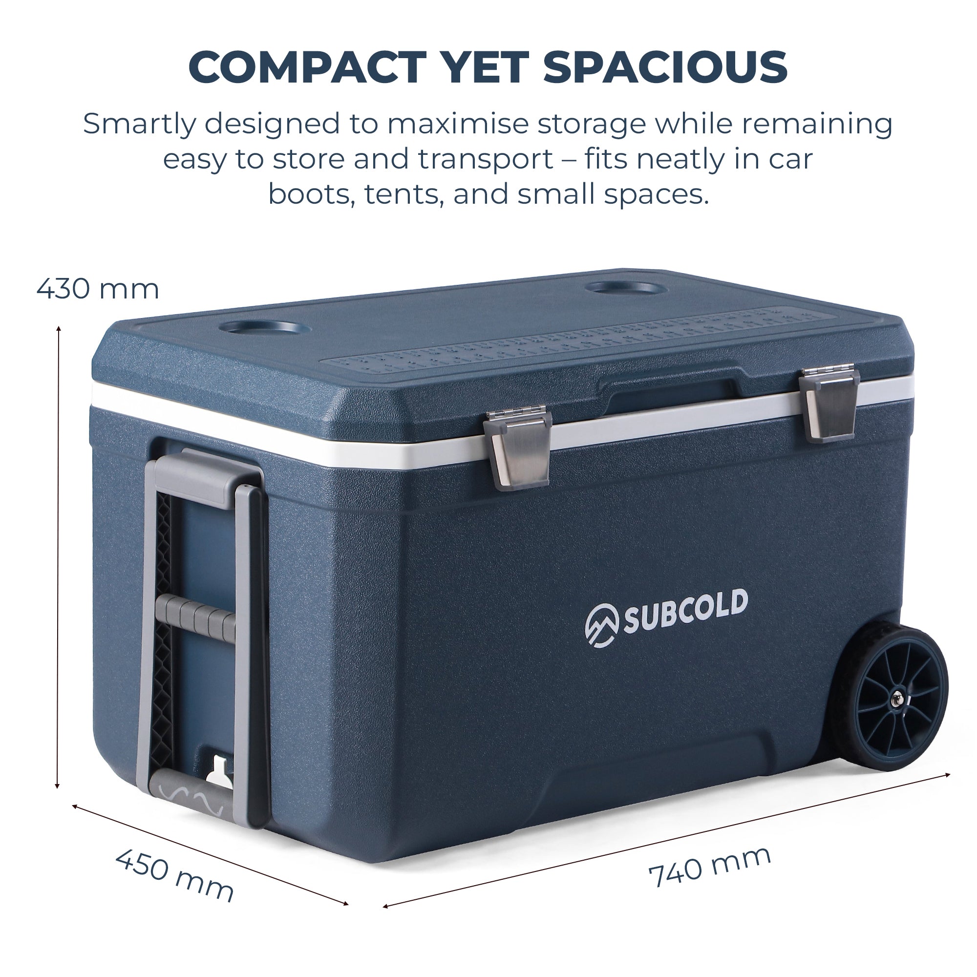 Dark blue subcold mobi70 cool box with silver latches white stripe accent and black wheels for easy transport