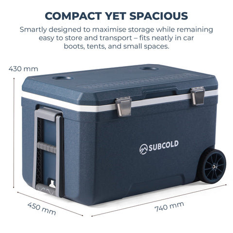 Dark blue subcold mobi70 cool box with silver latches white stripe accent and black wheels for easy transport