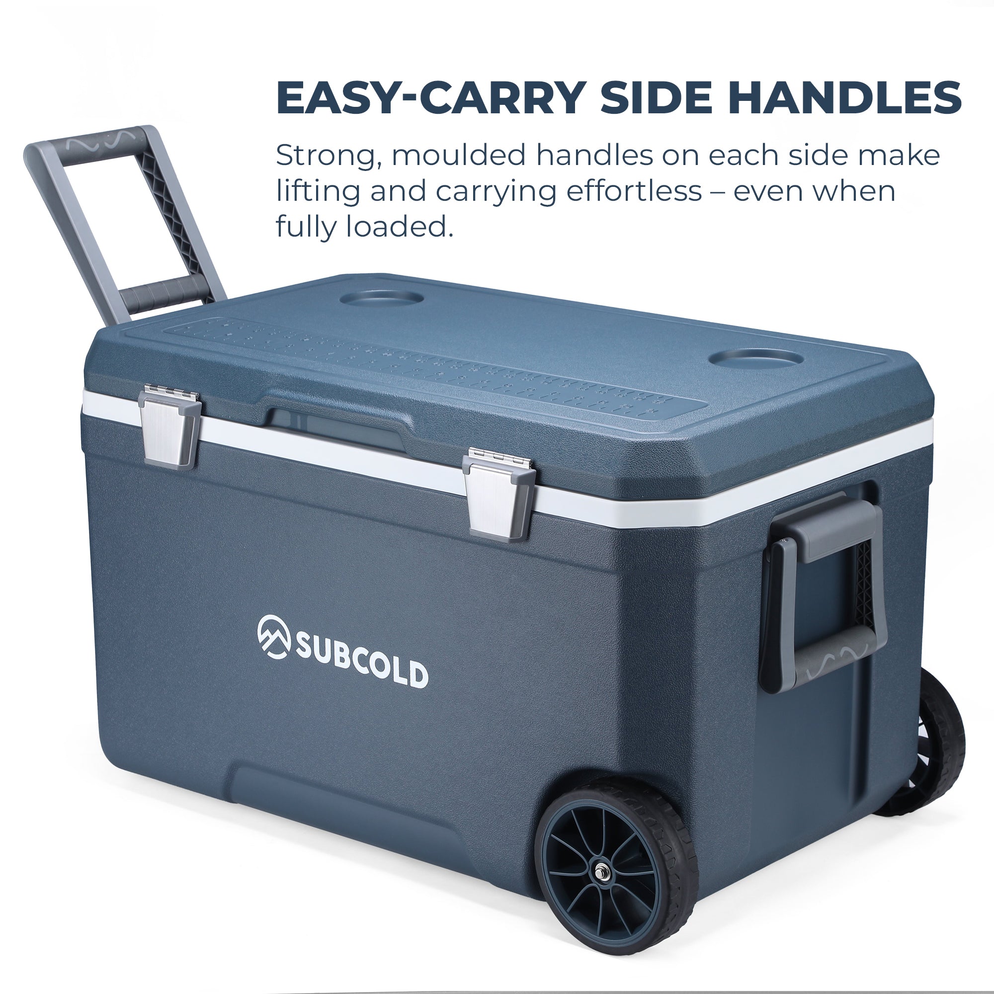 Dark blue subcold mobi70 cool box with sturdy molded side handles and black wheels for easy transport