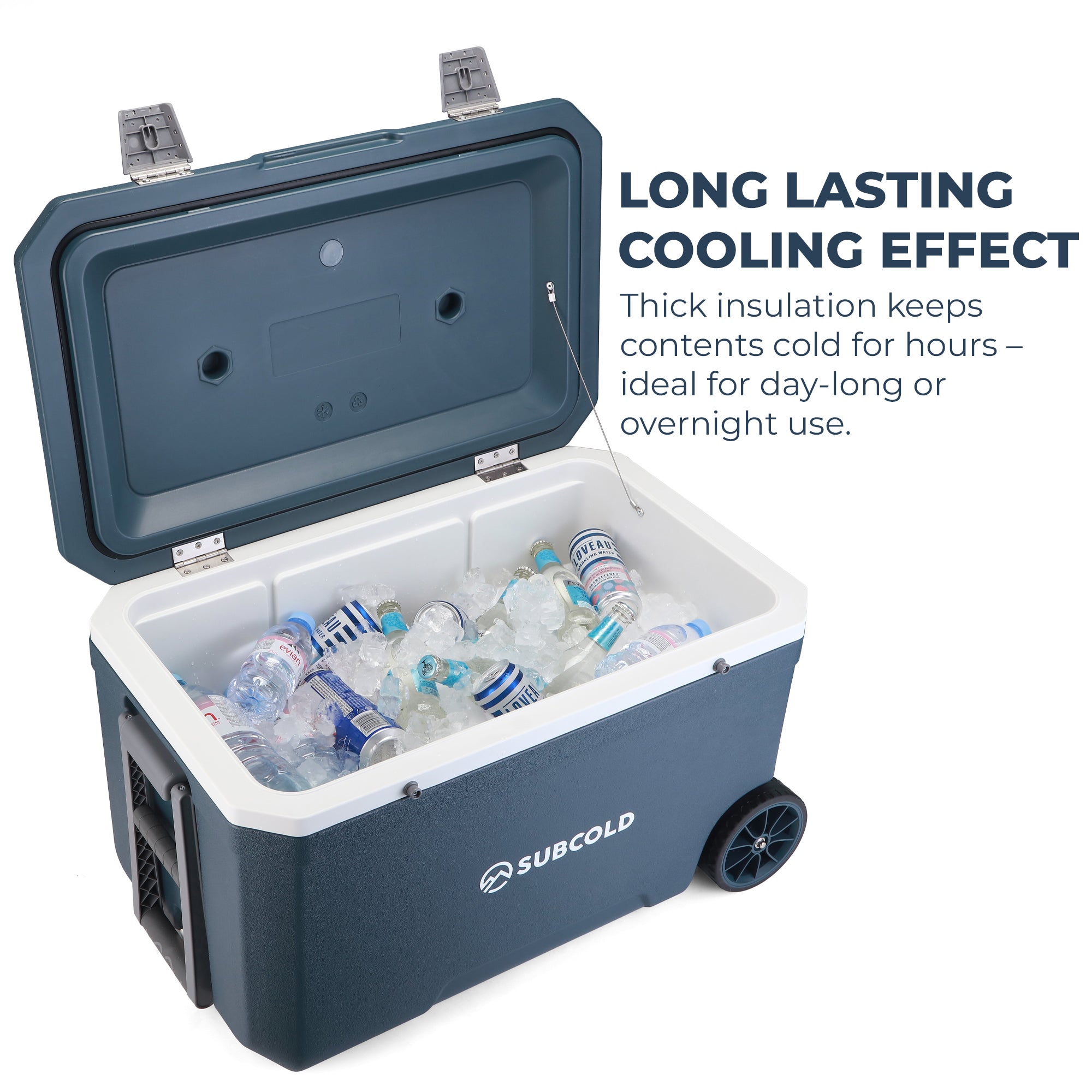 Dark blue subcold mobi70 cool box with white interior black wheels filled with ice and beverages for easy cooling