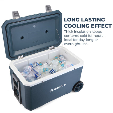 Dark blue subcold mobi70 cool box with white interior black wheels filled with ice and beverages for easy cooling