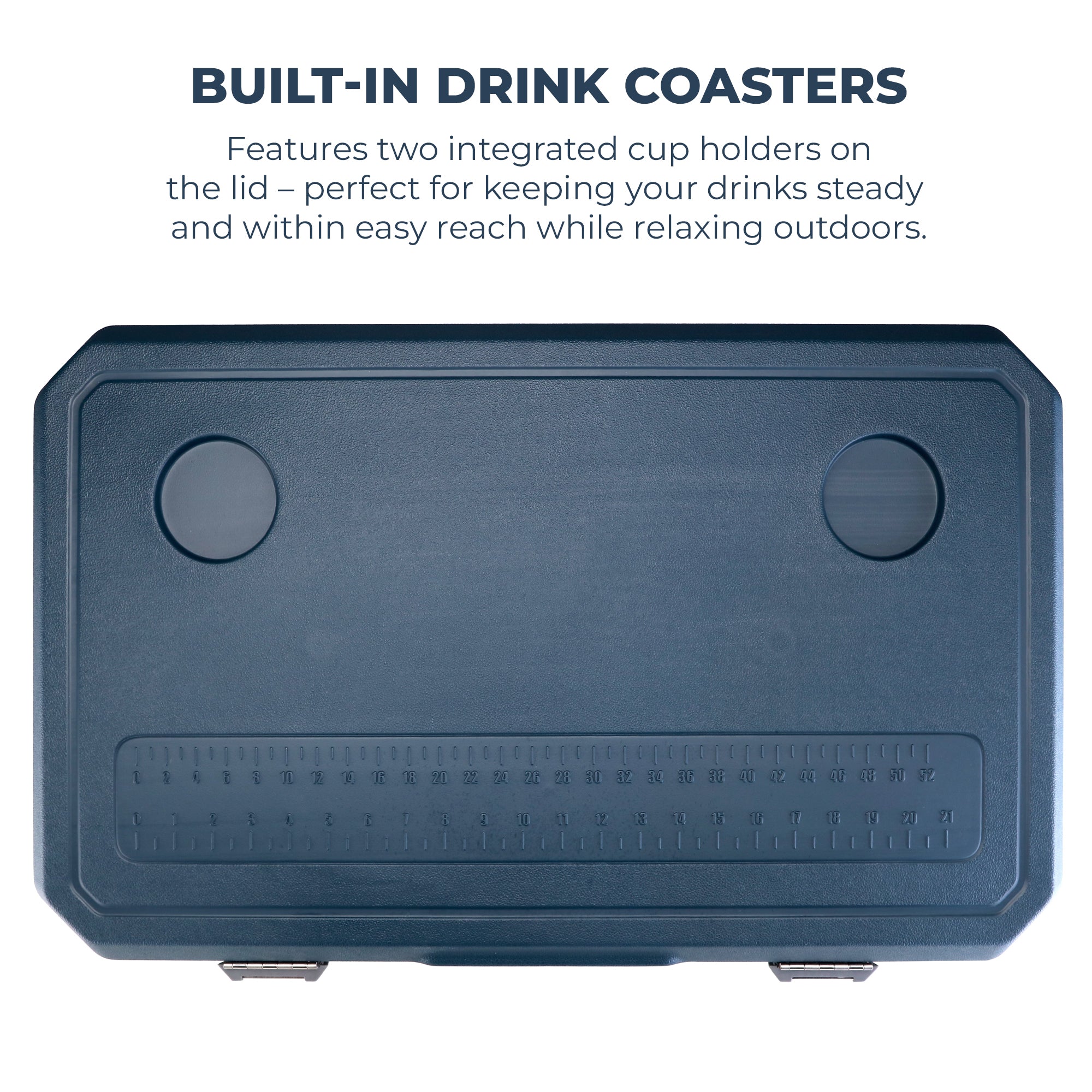 Dark blue Subcold mobi70 cool box with built-in drink coasters and measurement ruler on the lid for easy use