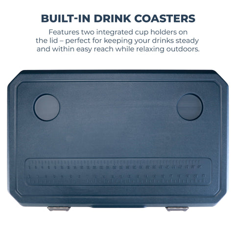 Dark blue Subcold mobi70 cool box with built-in drink coasters and measurement ruler on the lid for easy use