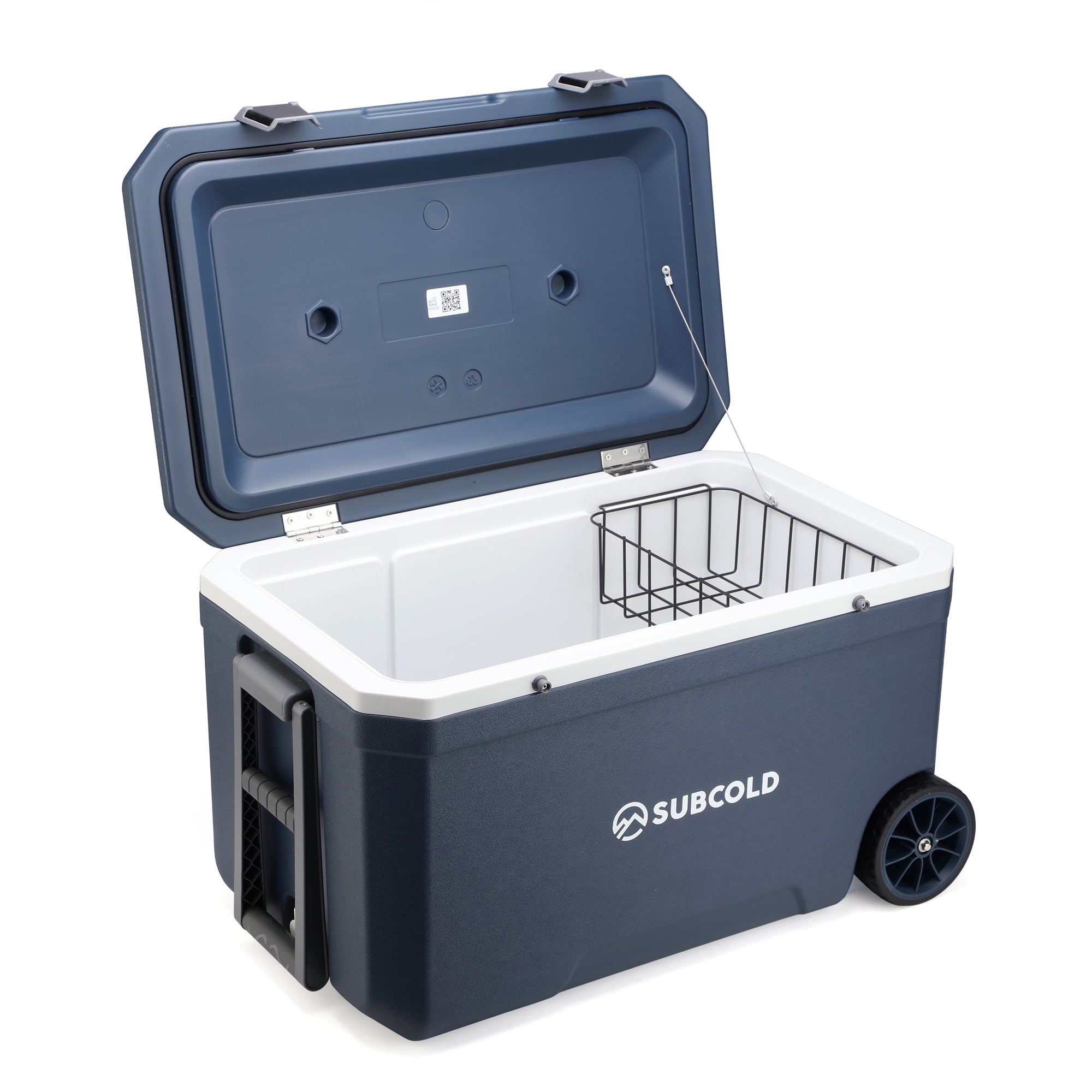Dark blue subcold mobi70 cool box with white interior, black wheels, and metal wire storage basket inside
