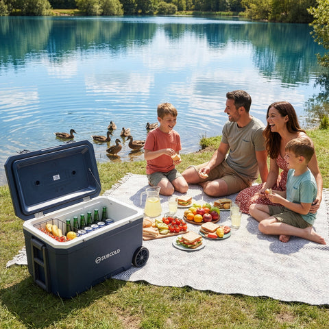 Navy blue subcold mobi70 cool box with white interior and black wheels open showing chilled drinks and food inside