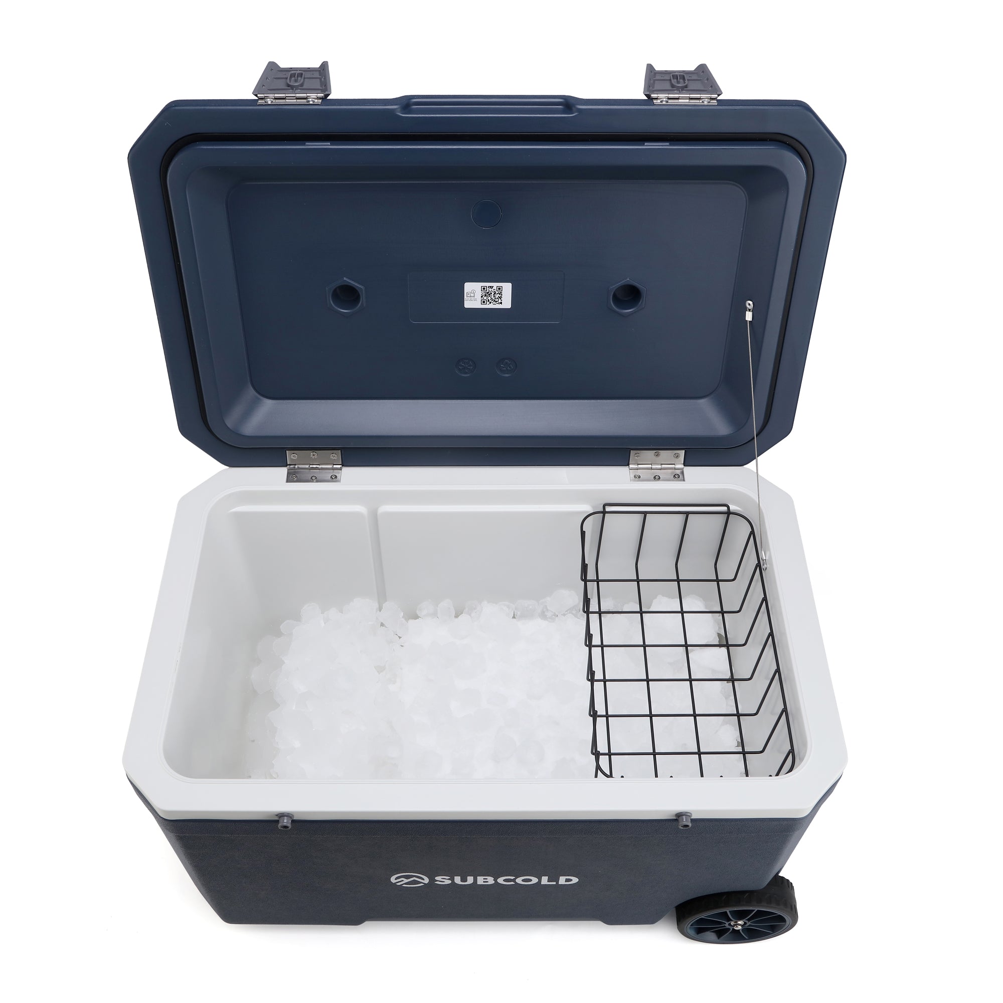 Navy blue subcold mobi70 cool box with white interior black wire basket insert and wheels for easy storage and transport