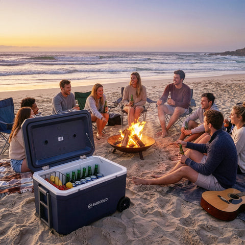 Navy blue subcold mobi70 cool box with white interior and wheels open to show chilled drinks and snacks inside