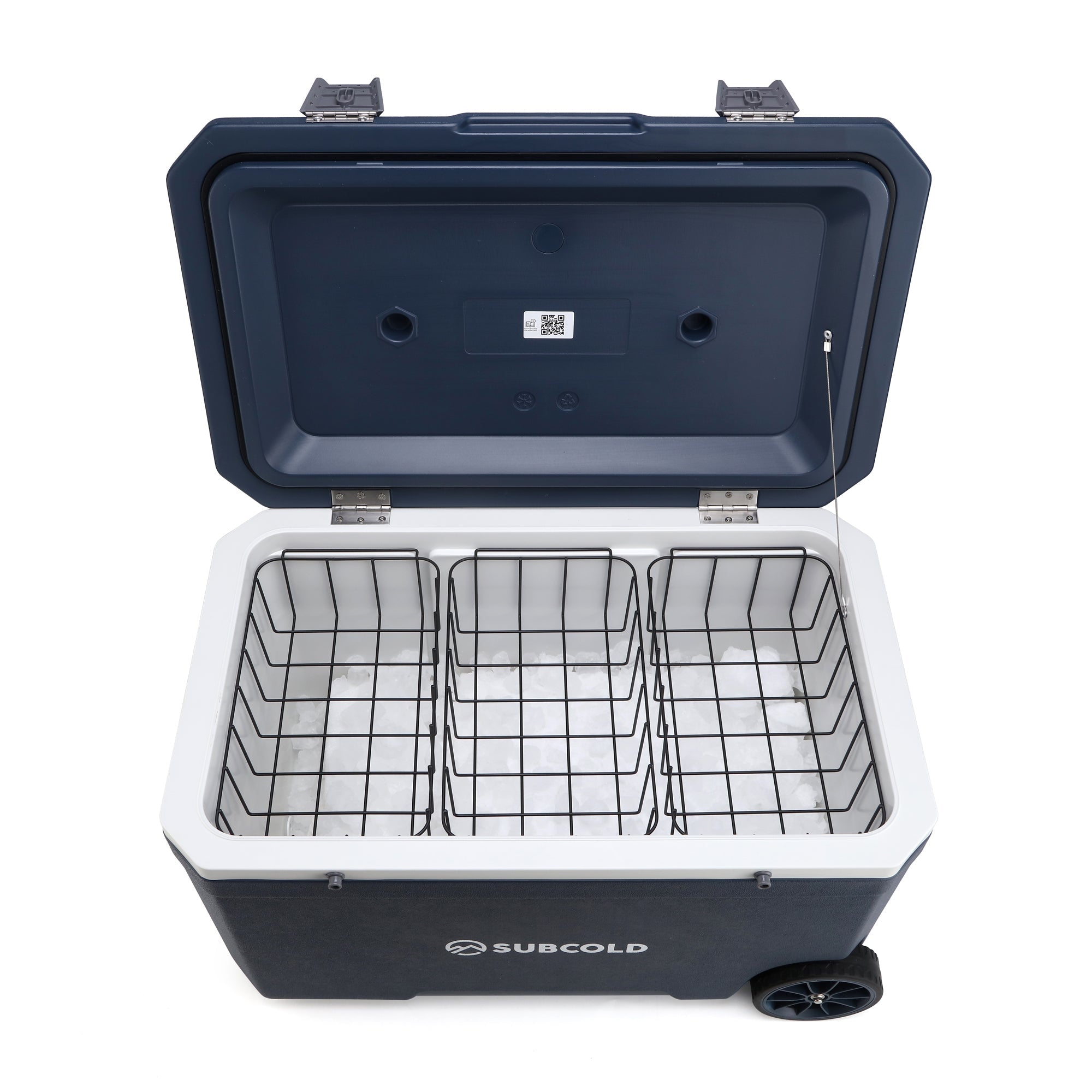 Navy blue and white subcold mobi70 cool box with black wire storage baskets inside for organized cooling storage