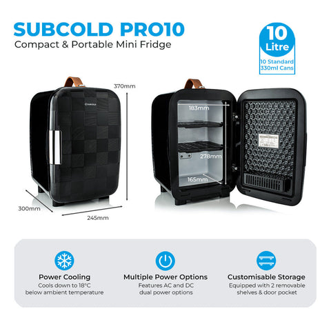 Subcold pro 10l mini fridge in black checkered design with brown leather and silver door handles compact 10l mini fridge