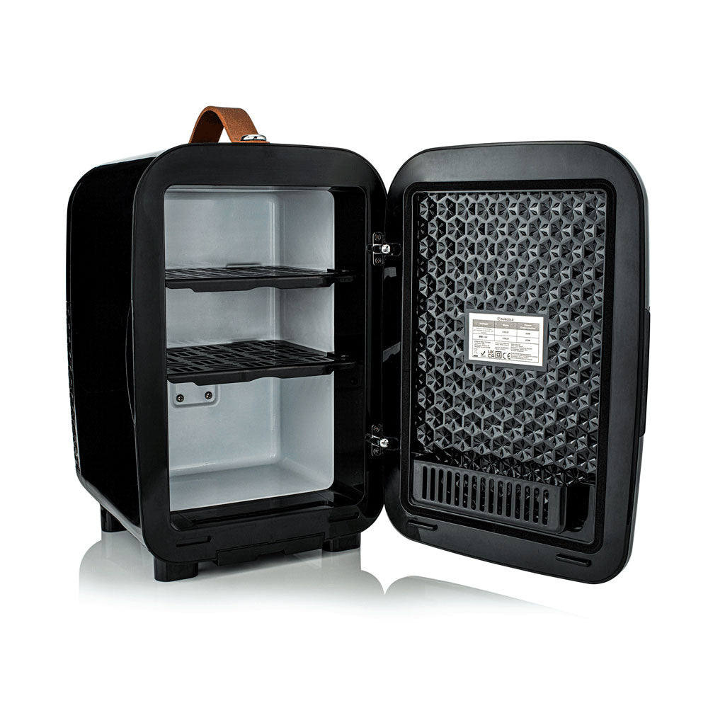 Black Subcold pro 10l mini fridge with brown leather handle and two wire shelves inside compact 10l mini fridge