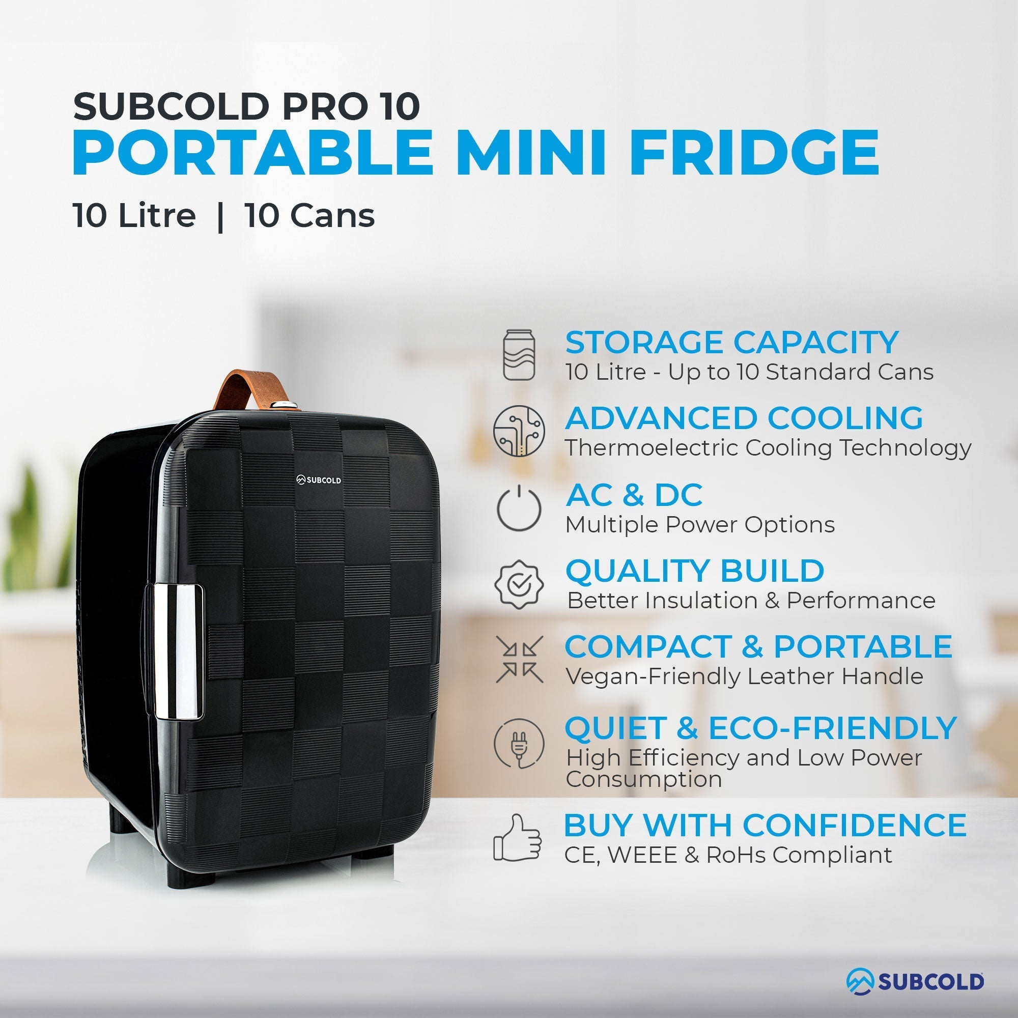 Subcold pro 10l mini fridge black textured portable 10l mini fridge with silver handle and brown leather strap