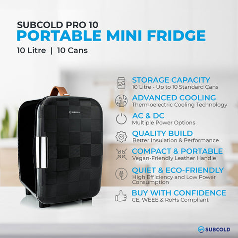 Subcold pro 10l mini fridge black textured portable 10l mini fridge with silver handle and brown leather strap