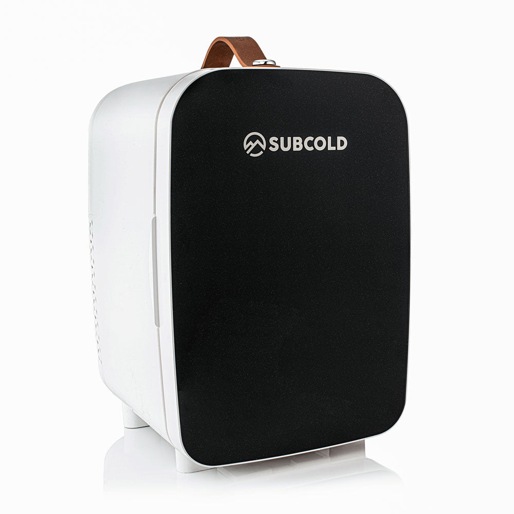 Black and white subcold pro 10l mini fridge with brown leather handle compact and portable 10l mini fridge