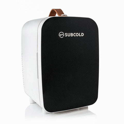 Black and white subcold pro 10l mini fridge with brown leather handle compact and portable 10l mini fridge