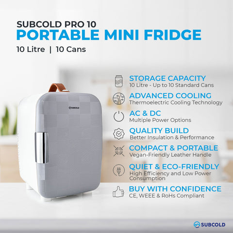 Gray textured subcold pro 10l mini fridge with brown leather handle and silver door handle for easy portability