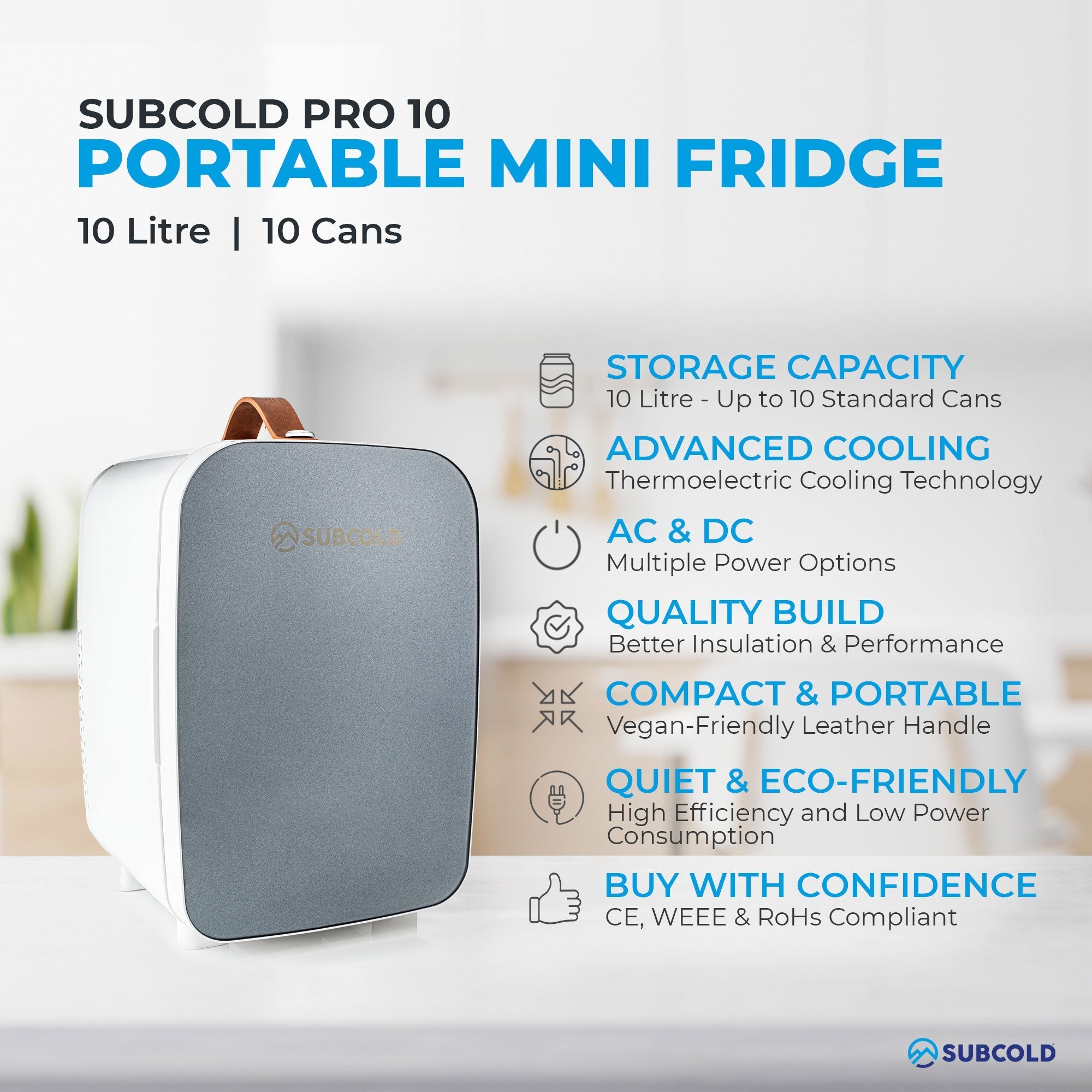 Subcold pro 10l mini fridge in gray and white with brown leather handle portable 10l mini fridge perfect for travel
