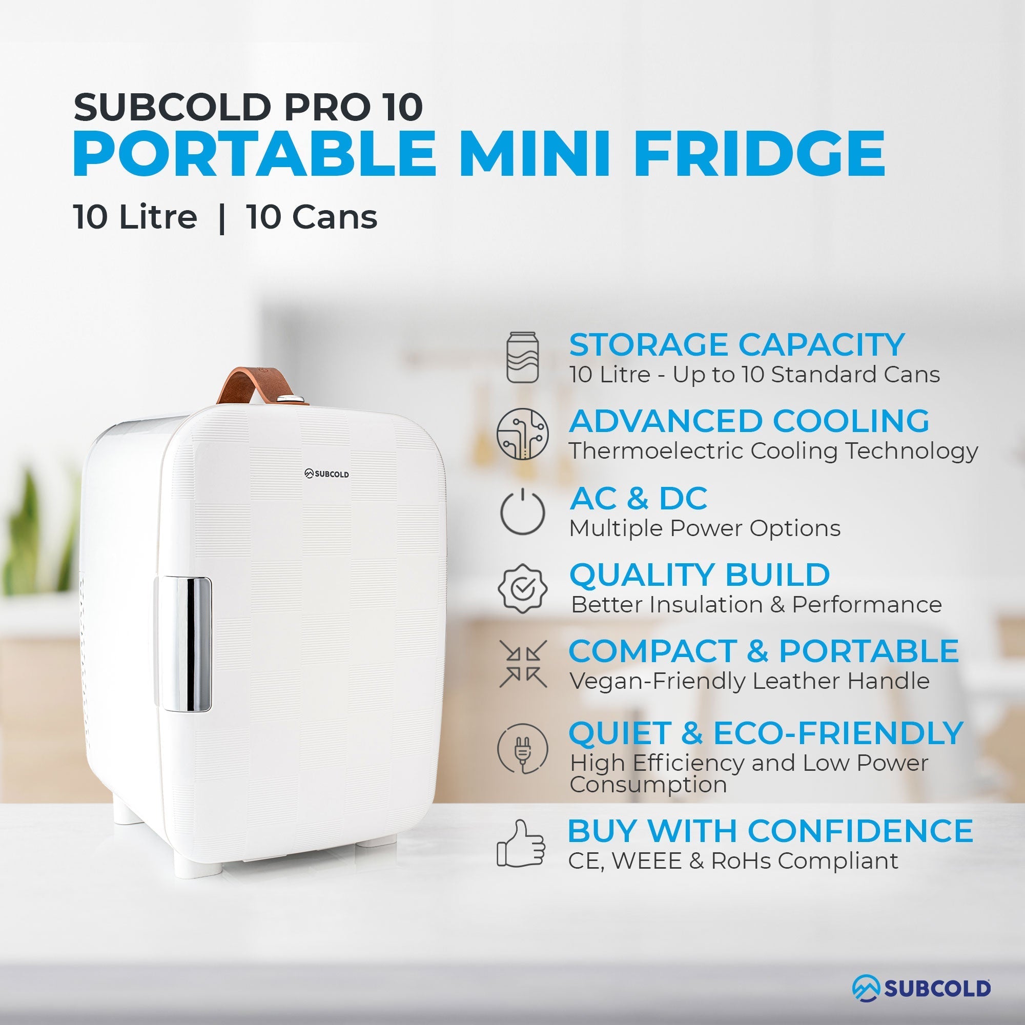 White subcold pro 10l mini fridge with brown leather handle and silver door handle compact and portable mini fridge