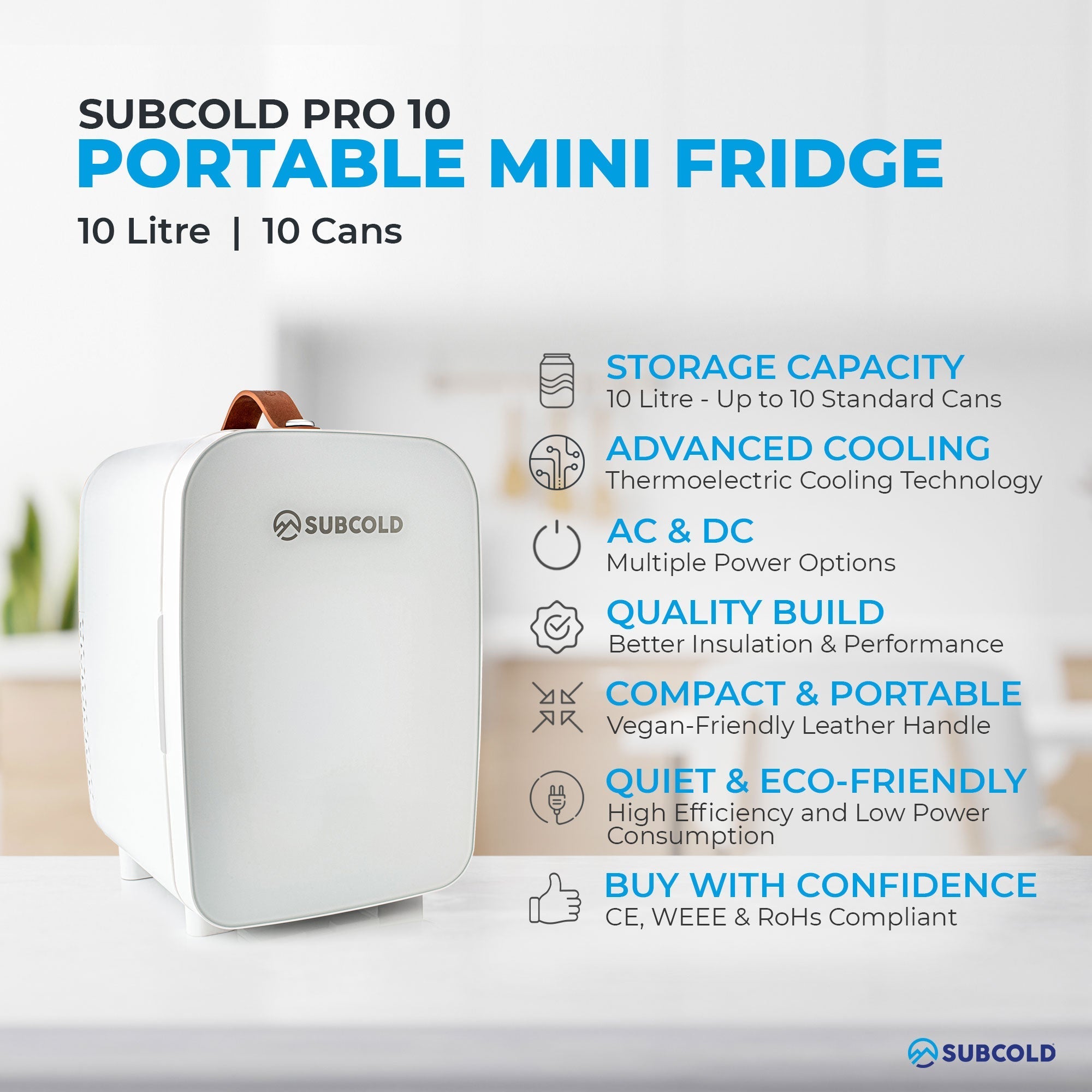 White subcold pro 10l mini fridge with brown leather handle and sleek compact design perfect for small spaces