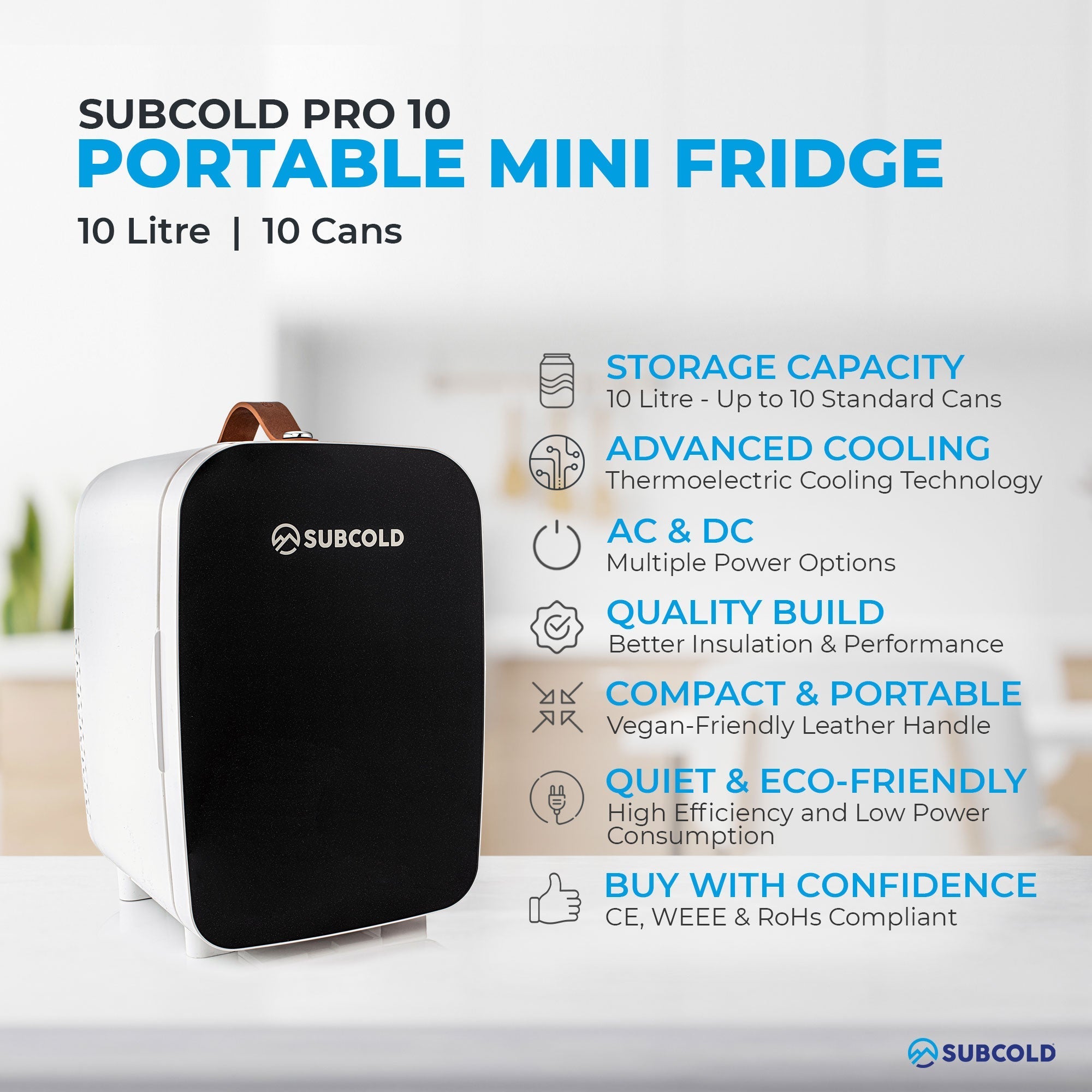White and black subcold pro 10l mini fridge with a vegan friendly leather handle perfect for small spaces