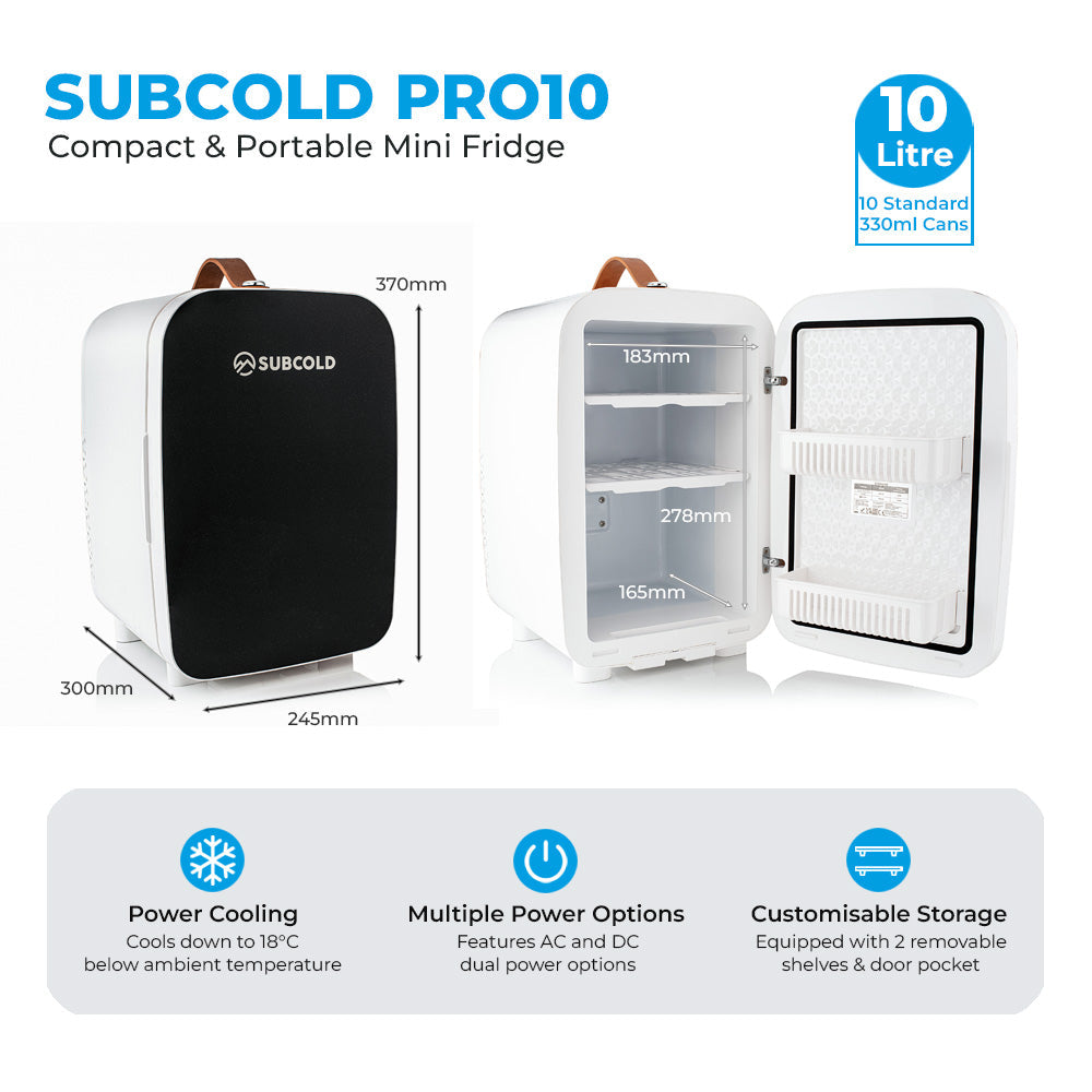 White and black subcold pro 10l mini fridge with a brown leather handle compact and portable mini fridge