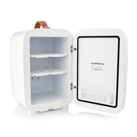 White Subcold Pro 10l mini fridge with brown leather handle and two interior shelves for compact storage
