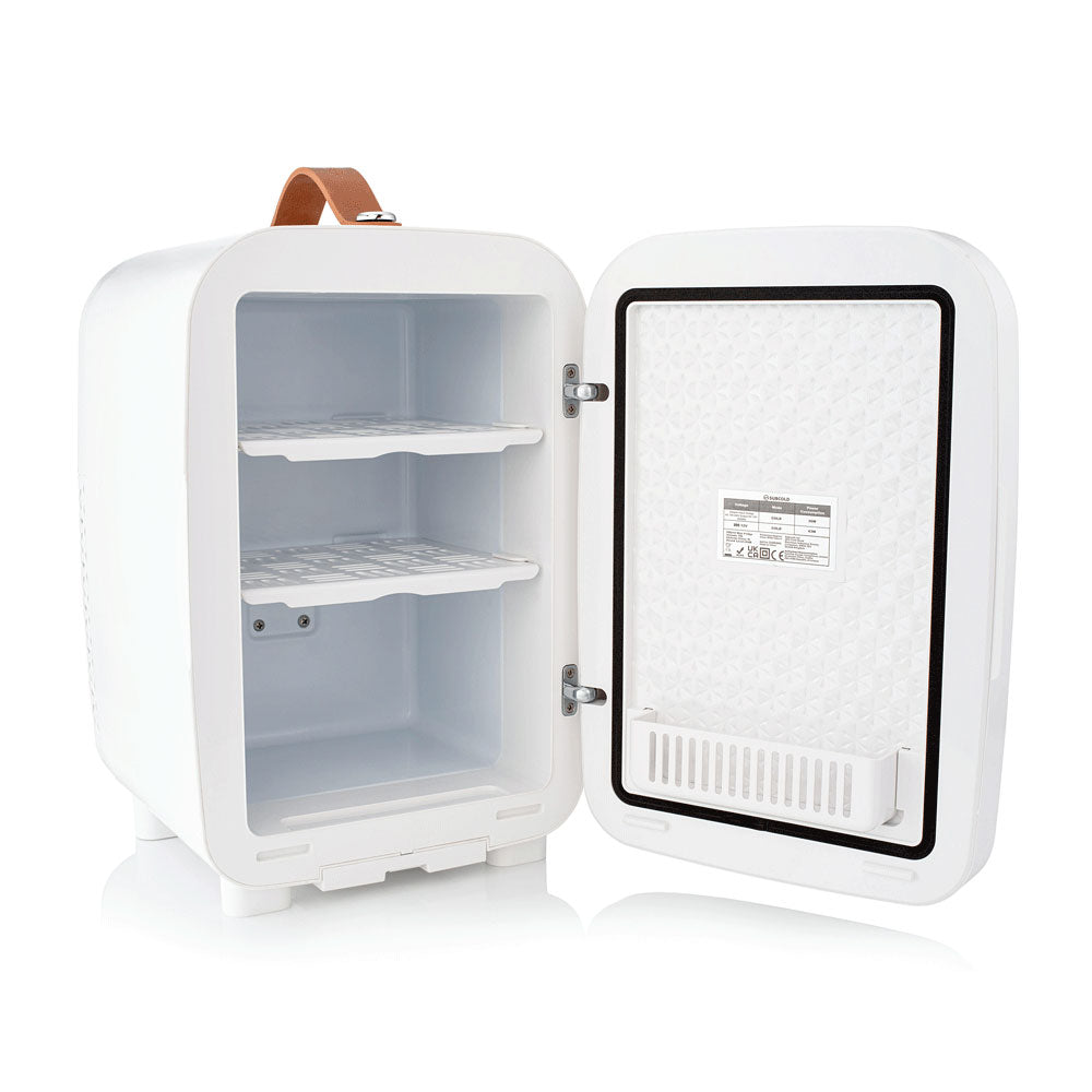 White Subcold Pro 10l mini fridge with brown leather handle and two interior shelves perfect for small spaces