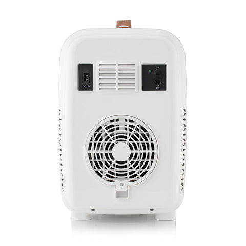 White Subcold Pro 10l mini fridge back showing circular fan grille dc12v power input and on/off switch