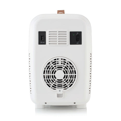 Back view of white subcold pro 10l mini fridge showing circular fan grille dc12v input and on off switch panel