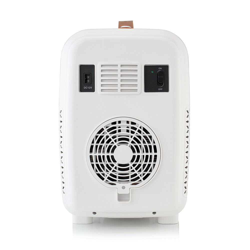 White Subcold Pro 10L mini fridge back panel showing circular fan grille dc12v power input and on/off switch