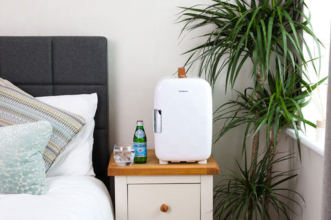 White subcold pro 10l mini fridge with silver handle and brown leather-like top accent perfect 10l mini fridge